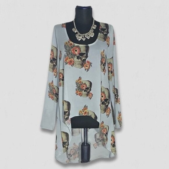 Vintage Y2K Tunic Top Hi Low Hem Floral Skull Print Gray Orange M - Picture 1 of 11